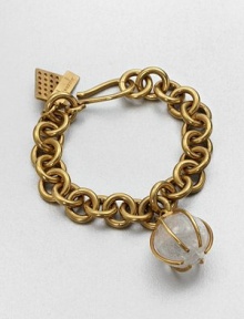 An exquisite bead of clear quartz held in an unique pronged setting on a chunky 14k goldplated link chain. Clear quartz14k goldplated brassLength, about 7.5S-hook closureMade in USA An exquisite bead of clear quartz held in an unique pronged setting on a chunky 14k goldplated link chain. Clear quartz14k goldplated brassLength, about 7.5S-hook closureMade in USA