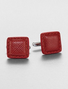 Distinctive cuff links crafted of textured leather. About 0.6 squareMade in Italy Distinctive cuff links crafted of textured leather. About 0.6 squareMade in Italy