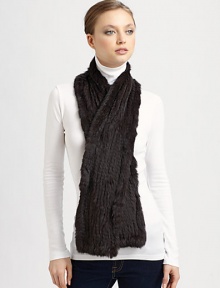 EXCLUSIVELY AT SAKS.COM A luxurious knitted, dyed or natural rabbit style. About 7 X 70Natural or dyed rabbitSpecialist dry cleanImported Fur origin: China EXCLUSIVELY AT SAKS.COM A luxurious knitted, dyed or natural rabbit style. About 7 X 70Natural or dyed rabbitSpecialist dry cleanImported Fur origin: China