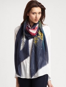 Pops of bright color with an edgy owl over-print on an indulgent silk and cashmere blend. 50% silk/50% cashmereAbout 28 X 80Dry cleanImported Pops of bright color with an edgy owl over-print on an indulgent silk and cashmere blend. 50% silk/50% cashmereAbout 28 X 80Dry cleanImported
