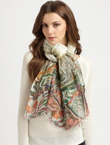 EXCLUSIVELY AT SAKS. A light linen design with a colorful border print. LinenAbout 25 X 72Dry cleanImported EXCLUSIVELY AT SAKS. A light linen design with a colorful border print. LinenAbout 25 X 72Dry cleanImported