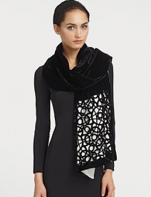 A double-sided velvet and silk style with a graphic, geometric laser cut pattern. Velvet: 80% viscose/20% silkBacking: silkAbout 26 X 71Dry cleanImported A double-sided velvet and silk style with a graphic, geometric laser cut pattern. Velvet: 80% viscose/20% silkBacking: silkAbout 26 X 71Dry cleanImported