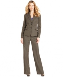 Try a different take on pinstripes with Evan Picone's tailored pantsuit. Tonal ticking stripes create a refined, sophisticated look for the office and beyond. Try a different take on pinstripes with Evan Picone's tailored pantsuit. Tonal ticking stripes create a refined, sophisticated look for the office and beyond.