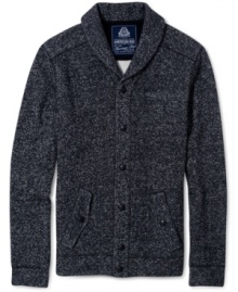 Cozy has never been cooler than with the marled fleece, snap buttons and shawl collar of this American Rag cardigan sweater. Cozy has never been cooler than with the marled fleece, snap buttons and shawl collar of this American Rag cardigan sweater.