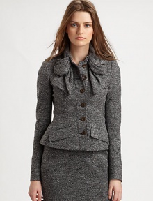 Luxurious tweed jersey in a structural, ladylike silhouette, embellished with a dramatic bow at the neck.Stand bow collar with hook-and-eye closuresButton frontFlap pocketsBack ventsFully linedAbout 23 from shoulder to hem72% wool/10% nylon/18% acrylicDry cleanMade in ItalyModel shown is 5'9 (175cm) wearing US size 4. Luxurious tweed jersey in a structural, ladylike silhouette, embellished with a dramatic bow at the neck.Stand bow collar with hook-and-eye closuresButton frontFlap pocketsBack ventsFully linedAbout 23 from shoulder to hem72% wool/10% nylon/18% acrylicDry cleanMade in ItalyModel shown is 5'9 (175cm) wearing US size 4.