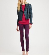 Infuse your outfit with rocker vibes in this pebbled leather jacket with an asymmetrical zipper and luxe silk lining. Notched lapelsAsymmetrical front zipperLong sleeves with zippered cuffsZippered slash pocketsSnap closures at back hemSilk liningAbout 19 from shoulder to hemLeatherDry clean with leather specialistImported of Italian fabricModel shown is 5'11 (178cm) wearing US size Small.