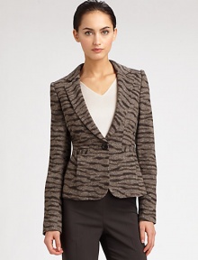 Elongated lapels and subtle pleats shape this chic animal-patterned jacket.Notched lapelsLong sleevesButton closureWelt pockets with pleatsBack ventFully linedAbout 21 from shoulder to hem73% wool/17% polyamide/10% silkDry cleanMade in Italy of imported fabricModel shown is 5'11 (180cm) wearing US size 4. Elongated lapels and subtle pleats shape this chic animal-patterned jacket.Notched lapelsLong sleevesButton closureWelt pockets with pleatsBack ventFully linedAbout 21 from shoulder to hem73% wool/17% polyamide/10% silkDry cleanMade in Italy of imported fabricModel shown is 5'11 (180cm) wearing US size 4.
