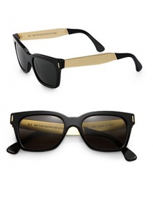 Sleek, smooth two-toned frames exude city cool, crafted in lightweight acetate and metal. Available in yellow gold metal and black frames with black lenses.Acetate/metal100% UV ProtectionMade in Italy Sleek, smooth two-toned frames exude city cool, crafted in lightweight acetate and metal. Available in yellow gold metal and black frames with black lenses.Acetate/metal100% UV ProtectionMade in Italy
