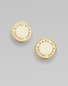 Simple enamel discs display the designer's imprint in raised golden letters. Enamel on brass Diameter, about ½ Post back Imported