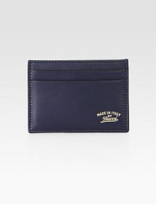 Leather card case with Made in Italy by Gucci script gold engraving. Five card slots4W x 2.8HMade in Italy Leather card case with Made in Italy by Gucci script gold engraving. Five card slots4W x 2.8HMade in Italy