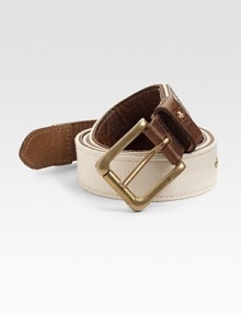 A perfect textural blend of leather and cotton canvas for casual, resort feel.LeatherCotton canvasAbout 1¼ wideMade in USA A perfect textural blend of leather and cotton canvas for casual, resort feel.LeatherCotton canvasAbout 1¼ wideMade in USA