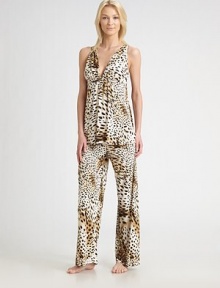 Seductive leopard print adds an exotic touch to the intimate wardrobe.V-neckline Drawstring waist closure Polyester; machine wash Imported Seductive leopard print adds an exotic touch to the intimate wardrobe.V-neckline Drawstring waist closure Polyester; machine wash Imported