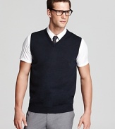 A tried-and-true sweater vest in pure merino wool dignifies your presentation at every venue.