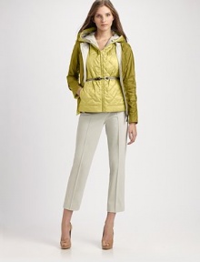 This lightweight design is perfect for braving the weather.Gathered necklineFront zip with contrast trimContrast belt with metal buckleSide slash pocketsButton details on sleevesWaterproofReversibleAbout 23 from shoulder to hem64% polyester/36% nylonFill: goose downImportedModel shown is 5'10 (177cm) wearing US size 4. This lightweight design is perfect for braving the weather.Gathered necklineFront zip with contrast trimContrast belt with metal buckleSide slash pocketsButton details on sleevesWaterproofReversibleAbout 23 from shoulder to hem64% polyester/36% nylonFill: goose downImportedModel shown is 5'10 (177cm) wearing US size 4.