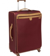 Love at first flight. Looks smart and packs smart for smooth travel, this durable spinner glides along on four 360º wheels and expands up to 2 to make even more room for your essentials. A versatile design you won't want to leave home without features an exterior easy-access pocket for airport necessities, restraining straps to hold clothes securely, mesh pockets for organization and a removable garment sleeve for organized trips. Lifetime warranty.