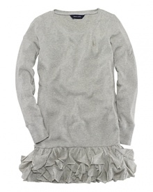 A classic cotton crewneck tee is transformed into a casual dress with the addition of a flirty ruffle hem.Ribbed crewneck with a triangular inset. A classic cotton crewneck tee is transformed into a casual dress with the addition of a flirty ruffle hem.Ribbed crewneck with a triangular inset.