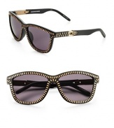 Modern, retro shaped acetate frames with contrasting brass zipper trim and zipper pull temple detail. Available in matte black with brass zipper and dark grey lens.Acetate/beryllium copper UV 400 lens Imported 