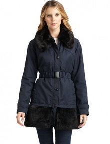 THE LOOKRemovable oversized faux fur-trimmed collarButton front with concealed snapsRemovable elastic belt with buckleDual snap besom pocketsLong sleeves with belted cuffsFaux fur-trimmed hemZip-out quilted liningTHE FITAbout 32 from shoulder to hemTHE MATERIALShell: cotton/nylonFaux fur trim: acrylic/modacrylic/polyesterLining: polyesterLiner shell THE LOOKRemovable oversized faux fur-trimmed collarButton front with concealed snapsRemovable elastic belt with buckleDual snap besom pocketsLong sleeves with belted cuffsFaux fur-trimmed hemZip-out quilted liningTHE FITAbout 32 from shoulder to hemTHE MATERIALShell: cotton/nylonFaux fur trim: acrylic/modacrylic/polyesterLining: polyesterLiner shell