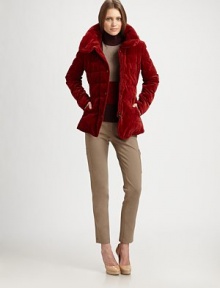 Plush velvet elevates the classic, quilted down jacket.Attached drawstring hoodStand collarSnap frontSide zip pocketsFully linedAbout 26 from shoulder to hem73% cotton/27% modalDry cleanImportedModel shown is 5'11 (180cm) wearing US size 4. Plush velvet elevates the classic, quilted down jacket.Attached drawstring hoodStand collarSnap frontSide zip pocketsFully linedAbout 26 from shoulder to hem73% cotton/27% modalDry cleanImportedModel shown is 5'11 (180cm) wearing US size 4.