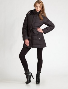 Soft, down-filled design with quilted and top-stitched detailing.Fold-over collarConcealed snap-button and zipper closureSelf-beltAngled slash pocketsAbout 30 from shoulder to hem PolyamideMachine washImported Soft, down-filled design with quilted and top-stitched detailing.Fold-over collarConcealed snap-button and zipper closureSelf-beltAngled slash pocketsAbout 30 from shoulder to hem PolyamideMachine washImported