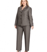 A unique fabric with a touch of shine enhances this elegant plus size pantsuit from Le Suit. Add a satin blouse or a colorful shell to complete the look.