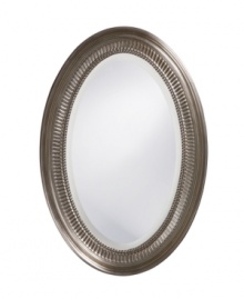 Relish in the timeless grace of Howard Elliot's Ethan mirror. An oval design with decorative fluting and a beaded inner edge adds new polish to the master bedroom or dining area. With a brushed nickel finish. Relish in the timeless grace of Howard Elliot's Ethan mirror. An oval design with decorative fluting and a beaded inner edge adds new polish to the master bedroom or dining area. With a brushed nickel finish.