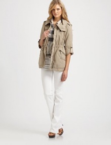 A modern take on safari style in garment-dyed cotton/linen for added softness.Detachable hoodShoulder epaulettesTwo-way front zipper with extended stand collarFront snap flapsInside drawstring waistZip and flap snap pocketsBack shoulder flapAbout 27 from shoulder to hem60% cotton/40% linenDry cleanImportedModel shown is 5'10½ (179cm) wearing US size 4. A modern take on safari style in garment-dyed cotton/linen for added softness.Detachable hoodShoulder epaulettesTwo-way front zipper with extended stand collarFront snap flapsInside drawstring waistZip and flap snap pocketsBack shoulder flapAbout 27 from shoulder to hem60% cotton/40% linenDry cleanImportedModel shown is 5'10½ (179cm) wearing US size 4.