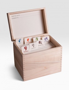 A thoughtful and elegant gift for any wine collector or wine lover, this handsome wood box includes tasting cards, letterpressed by hand on creamy cotton stock, plus dividers for organizing them along with their respective labels.Original Charles Fradin grape illustrationsLetterpressed by hand100% cotton stock8W X 6.75H X 5.75D85 cards plus 7 dividersGold-stamped wood boxMade in USA A thoughtful and elegant gift for any wine collector or wine lover, this handsome wood box includes tasting cards, letterpressed by hand on creamy cotton stock, plus dividers for organizing them along with their respective labels.Original Charles Fradin grape illustrationsLetterpressed by hand100% cotton stock8W X 6.75H X 5.75D85 cards plus 7 dividersGold-stamped wood boxMade in USA