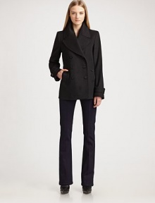 Double-breasted classic is impeccably tailored in exceptionally warm wool/cashmere.Wide notched lapel Button front Side buttoned pockets Buttoned tabs on sleeves Back buttoned half-belt Back vent at hem About 34 from shoulder to hem 80% virgin wool/20% cashmere Dry clean Imported Double-breasted classic is impeccably tailored in exceptionally warm wool/cashmere.Wide notched lapel Button front Side buttoned pockets Buttoned tabs on sleeves Back buttoned half-belt Back vent at hem About 34 from shoulder to hem 80% virgin wool/20% cashmere Dry clean Imported