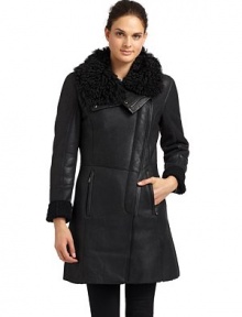THE LOOKFur collarAsymmetric zip frontDual zip pocketsLined cuffsTHE FITAbout 32 from shoulder to hemTHE MATERIALBody: dyed shearlingTrim: leatherFur: natural lamb furFully linedCARE & ORIGINDry clean by fur specialistFur origin: ItalyImportedModel shown is 5'10 (177cm) wearing US size Small. THE LOOKFur collarAsymmetric zip frontDual zip pocketsLined cuffsTHE FITAbout 32 from shoulder to hemTHE MATERIALBody: dyed shearlingTrim: leatherFur: natural lamb furFully linedCARE & ORIGINDry clean by fur specialistFur origin: ItalyImportedModel shown is 5'10 (177cm) wearing US size Small.