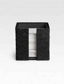 A desk accent for the home and office alike, defined by Bottega Veneta's superior craftsmanship and style in gently handwoven nappa leather with handy notepaper. 110 pages 4.3H X 4.4W X 4.4D Made in Italy A desk accent for the home and office alike, defined by Bottega Veneta's superior craftsmanship and style in gently handwoven nappa leather with handy notepaper. 110 pages 4.3H X 4.4W X 4.4D Made in Italy
