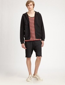Casual, cool weekend wear just got alot easier with this easy-wearing, cotton sweat shorts.Banded waistSide slash, back patch pocketsFrayed hemInseam, about 8CottonMachine washImported Casual, cool weekend wear just got alot easier with this easy-wearing, cotton sweat shorts.Banded waistSide slash, back patch pocketsFrayed hemInseam, about 8CottonMachine washImported