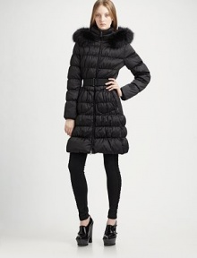 Channel-quilted puffer style with the added warmth of a fur-trimmed hood.Funnel collarAttached dyed fox fur-trimmed hoodZip frontElastic beltSide zipper pocketsFully linedAbout 36 from shoulder to hem90% polyester/10% polyurethaneDry cleanImportedFur origin: Finland Channel-quilted puffer style with the added warmth of a fur-trimmed hood.Funnel collarAttached dyed fox fur-trimmed hoodZip frontElastic beltSide zipper pocketsFully linedAbout 36 from shoulder to hem90% polyester/10% polyurethaneDry cleanImportedFur origin: Finland
