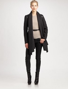 Timelessly feminine, a shawl collar jacket with a waist-defining belted silhouette and exquisite leather details.Shawl collarLeather detailsSlash pocketsFully linedAbout 32 from shoulder to hem78% wool/18% polyamide/3% polyester/1% other fabricDry clean by leather specialistImported Model shown is 5'10 (177cm) wearing US size Small. Timelessly feminine, a shawl collar jacket with a waist-defining belted silhouette and exquisite leather details.Shawl collarLeather detailsSlash pocketsFully linedAbout 32 from shoulder to hem78% wool/18% polyamide/3% polyester/1% other fabricDry clean by leather specialistImported Model shown is 5'10 (177cm) wearing US size Small.