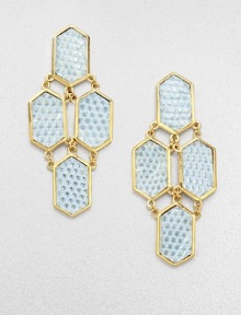 Hexagonal plaques of gold-washed lizard in a soft turquoise tint are dramatically linked in these bold drop earrings that combine the graphic with the exotic.LizardGoldplated brassDrop, about 2.5Post backMade in USA Hexagonal plaques of gold-washed lizard in a soft turquoise tint are dramatically linked in these bold drop earrings that combine the graphic with the exotic.LizardGoldplated brassDrop, about 2.5Post backMade in USA