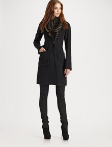 Purely versatile-- elegant, wool-rich style can be worn with a rabbit-fur collar or shawl collar. Shawl collar with attachable rabbit-fur collar Button front Long sleeves Patch pockets Pleated back flap About 36 from natural waist 90% wool/10% nylon Dry clean Imported Fur origin: China Purely versatile-- elegant, wool-rich style can be worn with a rabbit-fur collar or shawl collar. Shawl collar with attachable rabbit-fur collar Button front Long sleeves Patch pockets Pleated back flap About 36 from natural waist 90% wool/10% nylon Dry clean Imported Fur origin: China