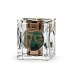 Two-piece set. Jar designed by Thomas Bastide. Clear, full-lead crystal cube with magnifying lenses on every side. Candle: Intense, smoked-woodsy, scented in a chrome colored mirror vessel. 100% vegetable wax. Burn time- 40-45 hours.