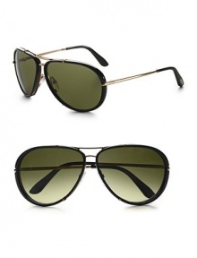 Classic aviator style with a resin frame and goldtone temples. Gradient brown lenses 100% UV protective Made in Italy Classic aviator style with a resin frame and goldtone temples. Gradient brown lenses 100% UV protective Made in Italy