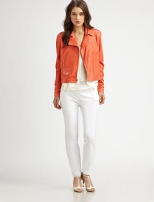 Vibrant, textured lambskin, closely-cropped in a sleek motorcycle style.Notch collarAsymmetric zip frontZip cuffsChest pocketsAngled zip pocketsSnap-flap pocketLambskinDry clean by a leather specialistImportedModel shown is 5'10 (177cm) wearing US size Small. Vibrant, textured lambskin, closely-cropped in a sleek motorcycle style.Notch collarAsymmetric zip frontZip cuffsChest pocketsAngled zip pocketsSnap-flap pocketLambskinDry clean by a leather specialistImportedModel shown is 5'10 (177cm) wearing US size Small.