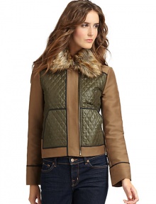 THE LOOKAllover quilted constructionRemovable faux fur trim at collarFront zip closureAngled pouch pocketsTHE FITAbout 20 from shoulder to hemTHE MATERIALBody: polyester/nylonSecond fabric: cotton/silkThird fabric: rayon/nylon/spandexFourth fabric: polyesterFully linedCARE & ORIGINDry cleanImportedModel shown is 5'8 (172½cm) wearing US size Small. THE LOOKAllover quilted constructionRemovable faux fur trim at collarFront zip closureAngled pouch pocketsTHE FITAbout 20 from shoulder to hemTHE MATERIALBody: polyester/nylonSecond fabric: cotton/silkThird fabric: rayon/nylon/spandexFourth fabric: polyesterFully linedCARE & ORIGINDry cleanImportedModel shown is 5'8 (172½cm) wearing US size Small.