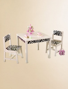 The perfect workspace for finishing up homework, working on art projects or even enjoying a quick snack. This sturdy furniture set is crafted from solid wood with zebra striped artwork for a bold look the whole family will love.Decal stripes on table and chairsSmart, sturdy constructionMade of solid woodTable: 24L X 24W D 19HChair: 11.5L X 11.75W D 21.5H (seat: 12H28 lbsImported The perfect workspace for finishing up homework, working on art projects or even enjoying a quick snack. This sturdy furniture set is crafted from solid wood with zebra striped artwork for a bold look the whole family will love.Decal stripes on table and chairsSmart, sturdy constructionMade of solid woodTable: 24L X 24W D 19HChair: 11.5L X 11.75W D 21.5H (seat: 12H28 lbsImported