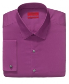 Freshen up your wardrobe of white and blue dress shirts with this Alfani fitted style in a saturated hue. Freshen up your wardrobe of white and blue dress shirts with this Alfani fitted style in a saturated hue.