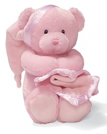 Key-wind musical bear gripping a blanket with a satin trim. Music plays Brahms Lullaby and the bear's head sways to music. Key-wind musical bear gripping a blanket with a satin trim. Music plays Brahms Lullaby and the bear's head sways to music.