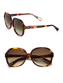 This chic resin design features riveted hinge and temple accents. Available in shiny dark havana with green gradient lens or shiny black with smoke lens. Rivet details100% UV protectionMade in Italy This chic resin design features riveted hinge and temple accents. Available in shiny dark havana with green gradient lens or shiny black with smoke lens. Rivet details100% UV protectionMade in Italy