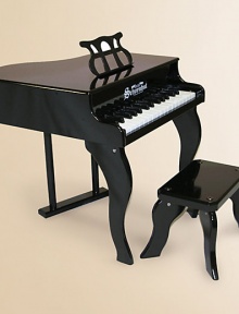 Award-winning baby grand is elegantly designed, yet extremely durable and sturdy. The 30 full-sized keys provide your child the opportunity to learn proper finger stretch, basic music concepts and playing skills. Chromatically tuned Chime-like notes Play-by-color with removable color strip Songbook included For ages 3 and up High gloss finish on hardboard 23 lbs. Piano: 20W X 19¼H X 20½D Bench: 12W X 9¼H X 5¾D Imported Award-winning baby grand is elegantly designed, yet extremely durable and sturdy. The 30 full-sized keys provide your child the opportunity to learn proper finger stretch, basic music concepts and playing skills. Chromatically tuned Chime-like notes Play-by-color with removable color strip Songbook included For ages 3 and up High gloss finish on hardboard 23 lbs. Piano: 20W X 19¼H X 20½D Bench: 12W X 9¼H X 5¾D Imported