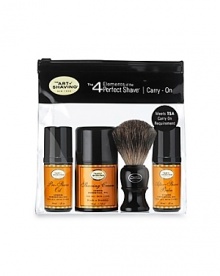 The 4 Elements of the Perfect Shave® guarantee optimal shaving results while relieving and preventing ingrown hairs, razor burn, tough beards, and sensitive skin. The Carry-On contains the essentials for a close and comfortable shave while you are on the go. The pouch is designed with a zip top closure for secure transport and is ideal for packing into your carry on luggage. Contains: Pre-Shave Oil Pump 1 fl. oz., Shaving Cream Pump 1.7 fl. oz., Genuine Badger Shaving Brush, After-Shave Balm Pump 1 fl. oz. The 4 Elements of the Perfect Shave® guarantee optimal shaving results while relieving and preventing ingrown hairs, razor burn, tough beards, and sensitive skin. The Carry-On contains the essentials for a close and comfortable shave while you are on the go. The pouch is designed with a zip top closure for secure transport and is ideal for packing into your carry on luggage. Contains: Pre-Shave Oil Pump 1 fl. oz., Shaving Cream Pump 1.7 fl. oz., Genuine Badger Shaving Brush, After-Shave Balm Pump 1 fl. oz.