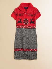 A fun, festive design that's also sophisticated, combining a Nordic knit bodice with a sleek marled skirt in a sweater-soft blend of yarns.Ribbed shawl collarRibbed placket with one lacy snowflake buttonShort sleeves with ribbed cuffsSlim marled skirt with border and ribbed hem80% cotton/20% yakHand washImported A fun, festive design that's also sophisticated, combining a Nordic knit bodice with a sleek marled skirt in a sweater-soft blend of yarns.Ribbed shawl collarRibbed placket with one lacy snowflake buttonShort sleeves with ribbed cuffsSlim marled skirt with border and ribbed hem80% cotton/20% yakHand washImported