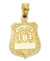 Honor those who serve and protect. This polished 14k gold charm features a police badge with engraving. Chain not included. Approximate length: 4/5 inch. Approximate width: 1/2 inch.