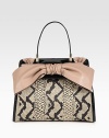 Chic python-printed straw meets supple leather in this sleek flap silhouette, finished with a demure leather bow.Top handle, 6½ dropFlap snap closureProtective metal feetOne inside zip pocketTwo inside open pocketsCotton lining14½W X 11H X 3½DMade in Italy