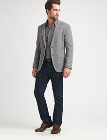 This knit blazer is an ingenious find. Its close-to-the-body fit is courtesy of the right amount of stretch.Notched collarTwo-button frontWelt pocketsBack ventsAbout 29 from shoulder to hem42% cotton/28% acrylic/28% wool/2% polyamideDry cleanImported of Italian fabric